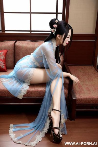 Chinese princess, lace pleated skirts, chinese clothes, traditional clothes, see-through kimono, chinese old version, old china outfit, short skirts, see-through light blue clothes, kneeling - ai-porn.ai - China on pornintellect.com