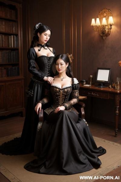 Room, victorian dress, voluminous dress, full clothes, black dress, lying on lap, hugging each other, many housemaid in background - ai-porn.ai on pornintellect.com