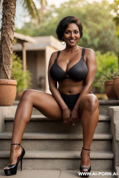 (((full body shot))), hoop earings, (stylish pixie haircut), (most beautiful women ever), (sexy milf), photorealistic image of an alluring sitting seductively on stone stairs, showing pussy, (legs - ai-porn.ai - India on pornintellect.com