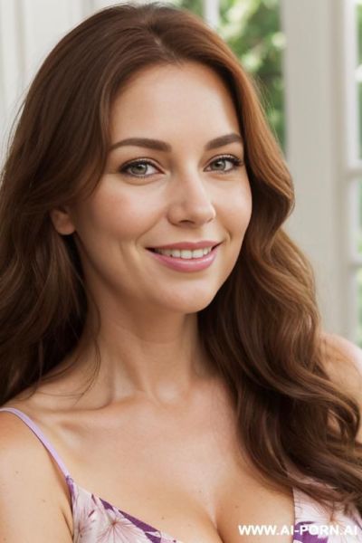 Pretty american woman in her late thirties, classic womanly figure, softly rounded and lush body, full hips, generous natural breasts, natural beauty, thick wavy auburn hair that falls just past - ai-porn.ai - Usa on pornintellect.com