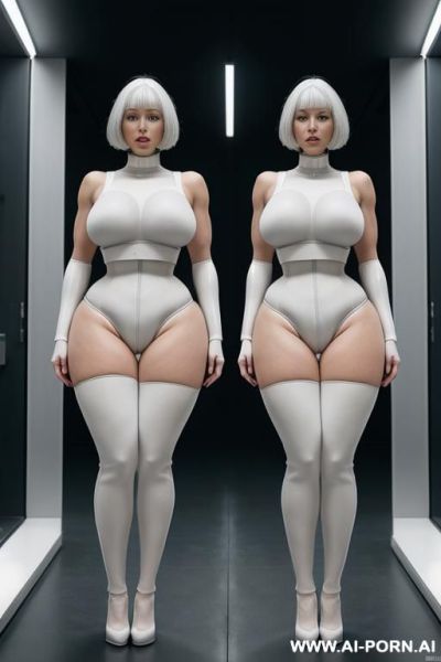 Totally naked, sexbot , futurist woman clones,(( white grey skin synthetic color)) narrow waist, saggy massive tits, ((wide hips)), big ass, round ass,((( thick thighs))), ((muscular legs)), full body view - ai-porn.ai on pornintellect.com
