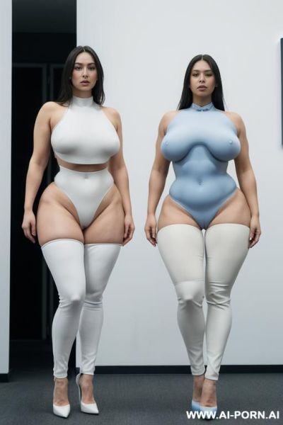 Totally naked, futurist woman clones,(( white blue skin synthetic color)) narrow waist, saggy massive tits, ((wide hips)), big ass, round ass,((( thick thighs))), ((muscular legs)), full body view - ai-porn.ai on pornintellect.com