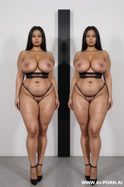 Totally naked, totally nude, naked, nude, no clothes, milf futurista woman clones, narrow waist, saggy massive tits, ((wide hips)), big ass, round ass,((( thick thighs))), ((muscular legs)), full body view - ai-porn.ai on pornintellect.com