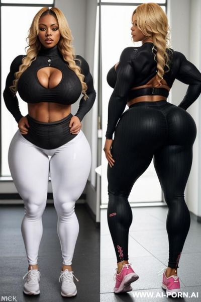 Curvy milf woman, wild afro , narrow waist, saggy tits, ((wide hips)), big ass, round ass, (((thick thighs))), (((((woman with 3-inch thighs curvy model))))) (((big ass, round wide hips))), ((sport sneakers )) full side body view. - ai-porn.ai on pornintellect.com