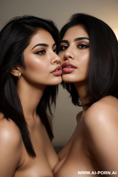 Makeup. facing at each other. south asian. woman kissing man romantic. left parted haircut. sexy. beauty. - ai-porn.ai on pornintellect.com