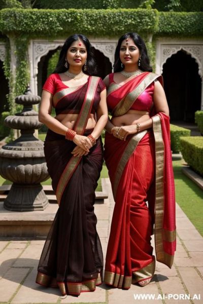 Two ancient indian chubby fifty years old black haired queens in dark red sarees in a luxury garden - ai-porn.ai - India on pornintellect.com