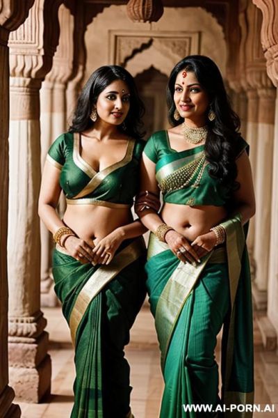 Two ancient indian chubby fifty years old black haired queens in green sarees in a luxurious ancient indian palace - ai-porn.ai - India on pornintellect.com