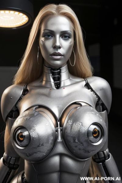 Damaged robot, front view, close-up, lying on back on floor, scared face, beautiful, long straight blonde hair, big lips, wide jaw, heavy makeup, hoop earrings, pink nails, silicone skin, tan, - ai-porn.ai on pornintellect.com