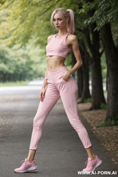 Superskinny woman, walks through park with sport sneakers, sexy v-string thong , pretty, bitty breasts, round ass ,full body view, very long legs, very tall sexy model ,(( color pink outfit)) ((very thigh clothes)) - ai-porn.ai on pornintellect.com