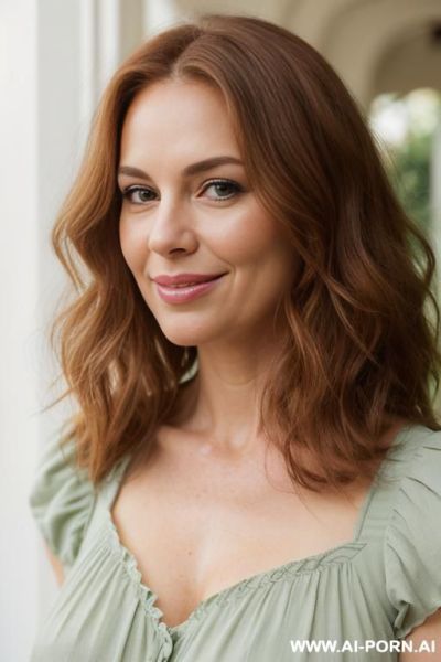 Pretty american woman in her late thirties, classic womanly figure, softly rounded and lush body, slight extra fat, full hips, generous natural breasts, natural beauty, thick wavy auburn hair that - ai-porn.ai - Usa on pornintellect.com