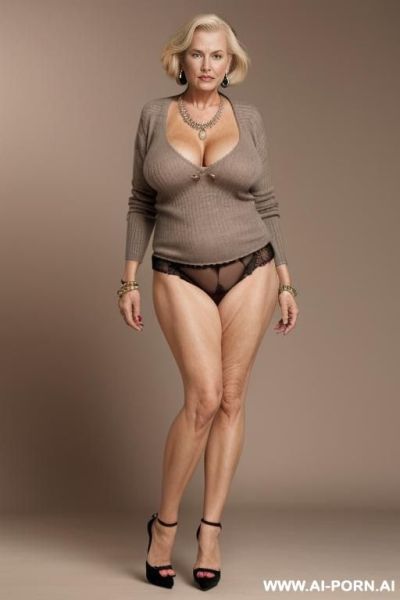 Grandma, very old lady, lascivious look, open sweater, no panties, shaved pussy, huge massive saggy boobs, necklace, earrings, bracelets, high heels, normal body, short blond hair, standing, total view, full body view - ai-porn.ai on pornintellect.com