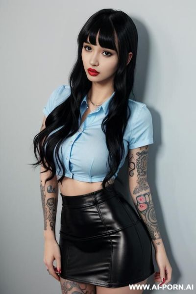 Tattoos, massive fake silicone tits, fake lips, tattoos, front facing, plain background, black microskirt, light blue collared buttoned tshirt, medium wavy hair with bangs - ai-porn.ai on pornintellect.com