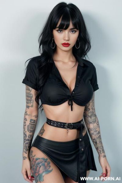 Tattoos, massive fake silicone tits, fake lips, tattoos, front facing, plain background, black cloth microskirt, light blue collared unbuttoned tshirt, medium wavy hair with bangs, - ai-porn.ai on pornintellect.com