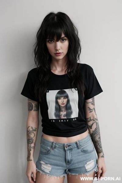 Tattoos, tattoos, front facing, plain background, medium wavy hair with bangs, completely sheer t-shirt, shorts - ai-porn.ai on pornintellect.com