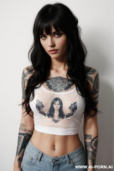 Tattoos, chest, tattoos, front facing, plain background, medium wavy hair with bangs, completely sheer t-shirt, shorts - ai-porn.ai on pornintellect.com
