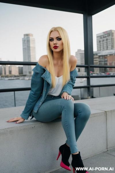 Sexy pornstar tall long legs blonde long fluffy dense straight hairs big blue eyes goth style makeup big lips red lipstick dark eyeline slutty posein tight clothes pink jacket in tight jeans - ai-porn.ai on pornintellect.com