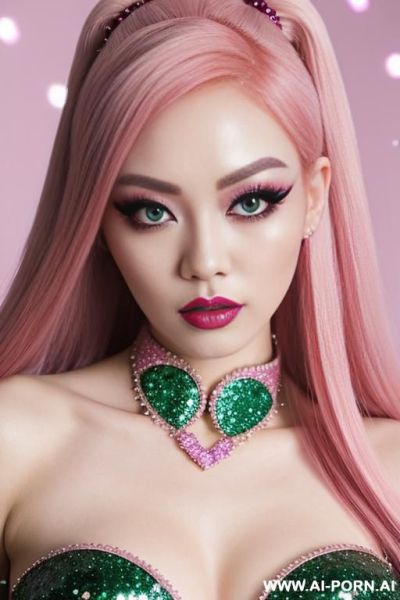 A professional full body photography of a chinese model with red hair and blonde highlights, glitter makeup, heart-shaped crystals on her eyes, in the photo a kawaii pastel goth aesthetic, - ai-porn.ai - China on pornintellect.com