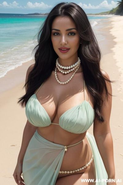 A captivating, well-lit medium shot of a woman with long, flowing dark hair and fair skin, standing confidently. she is wearing backless beach dress with a delicate gold chain detail on the - ai-porn.ai on pornintellect.com