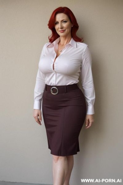 Redheaded milf. tapered woman with full boobs. wide hips. unbuttoned shirt exposing meaty breasts. short skirt. - ai-porn.ai on pornintellect.com