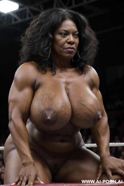Black ethnicity, (very dark skin), grandmom, (((hairy pussy))), stronger arms, stronger shoulders, very compact beefy body, absolute superior body, very strong massive trained body, in wrestling ring, - ai-porn.ai on pornintellect.com