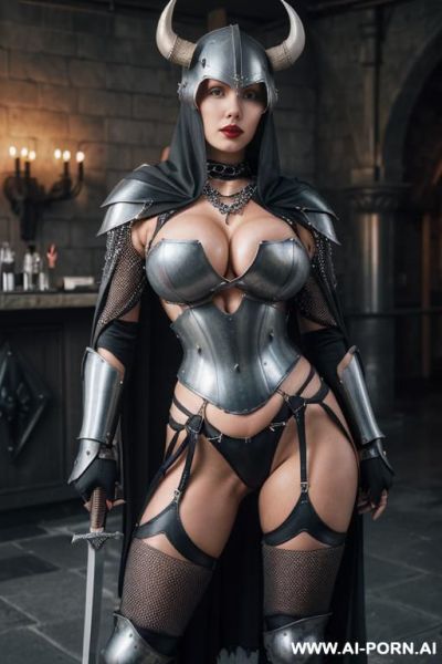 ((swedish woman holding sword))), (((saggy saggy saggy gigantic boobs))), monstruosly giant breasts, enormous tits, (((hour-glass figure))), ((deep massive cleavage)), ((white shiny skin)), huge ass with - ai-porn.ai - Sweden on pornintellect.com