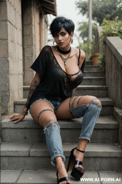 (((full body shot))), hoop earrings, (stylish pixie haircut), (most beautiful women ever), (sexy gigantic saggy boobs milf), photorealistic image of an alluring sitting seductively horny on stone - ai-porn.ai - India on pornintellect.com