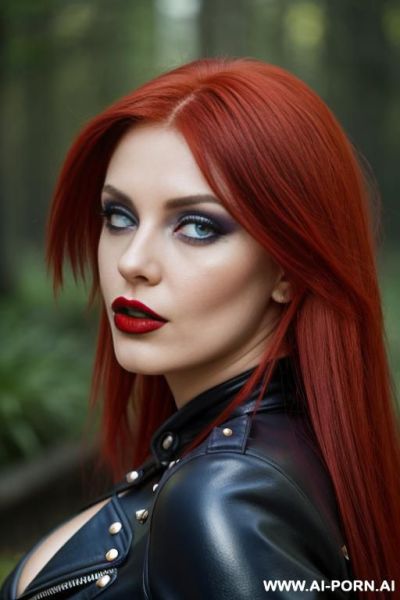 Sexy pornstar multicolor hairs ginger brunette purple sexy goth cyber dreadlocks cyberpunk in red studded leather jacket big blue eyes big lips red lipstick goth makeup long bangs hairs side view wet lips slutty sexy lips beautifulface mysterious eyes - ai-porn.ai on pornintellect.com