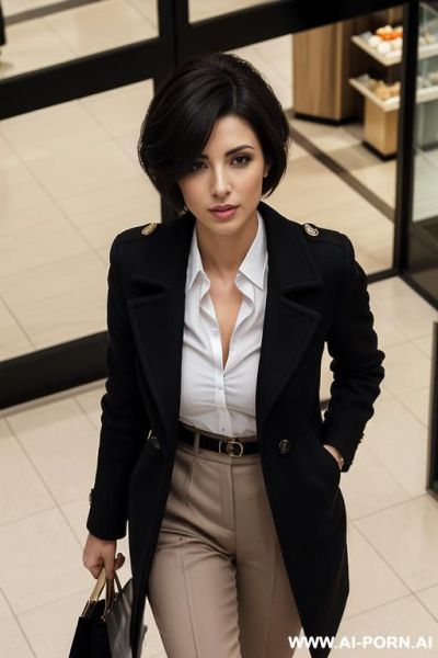 A dominant 5 spanish athletic sylph female with shignon haircut and in a business costume going trough a shopping mall - ai-porn.ai - Spain on pornintellect.com