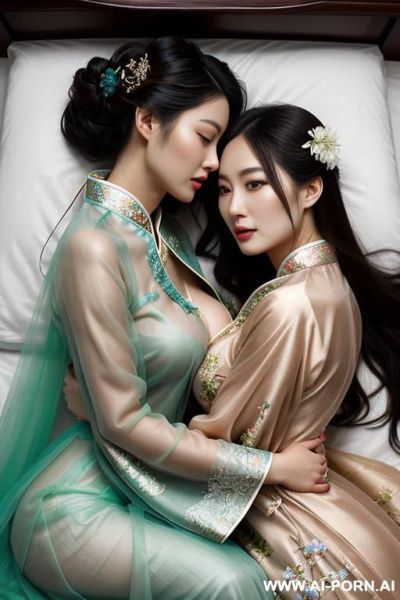 Tea party, full clothes, pleated dress, chinese clothes, traditional clothes, chinese wedding, old china outfit , lights color sheer coat , 2 womens, lying on bed, women on top, hugging each other, neck kissing, lookimg at another - ai-porn.ai - China on pornintellect.com
