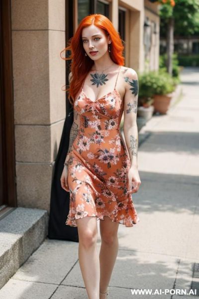 Woman, ginger, no makeup, tattoo, floral summer dress - ai-porn.ai on pornintellect.com