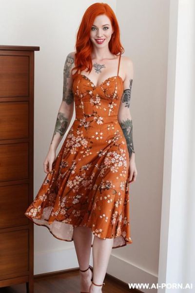 Woman, ginger, no makeup, tattoo, floral summer dress, excited to see me - ai-porn.ai on pornintellect.com