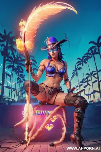 ((((masterpiece)))), (((woman sitting))), (glowing red eyes), (long blue purple and white hair with a flower), ((crop top white collar shirt with red tie)), ((((flaming angel wing)))), ((navy formal - ai-porn.ai on pornintellect.com