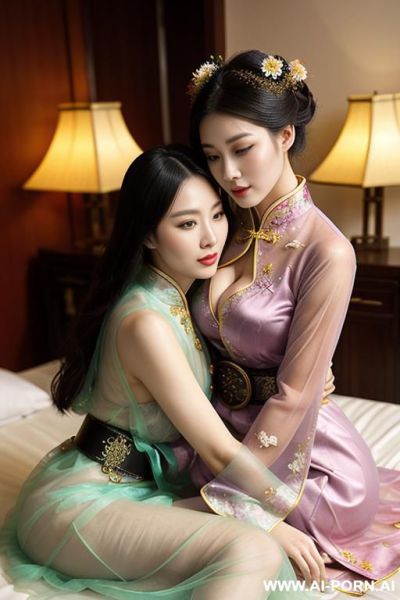 Tea party, full clothes, pleated dress, chinese clothes, traditional clothes, chinese wedding, old china outfit , lights color sheer coat , 2 womens, lying on bed, women on top, hugging each other, kissing, lookimg at another - ai-porn.ai - China on pornintellect.com