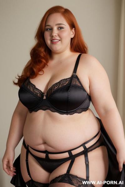 Half body photo shot close up. a ((british very obese fat bbw redhead)), ((very thick with love handless)). ((wearing a black sexy and hot garter belt lingerie, and a dark-red ruffle silk micro-skirt)). she is smiling - ai-porn.ai - Britain on pornintellect.com