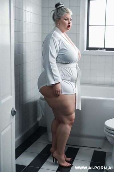 Ultra saggy pendulous tits, fat arms, fat ass, opening her white bathrobe, show boobs, side view, very obese woman - ai-porn.ai on pornintellect.com