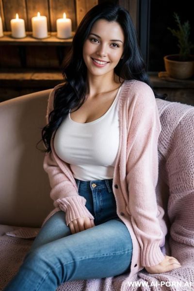 1 english woman, soft skin, natural d-cup breasts, long wavy black hair, rouded features, smiling, wearing a pink cardigan and white t-shirt with tight blue jeans, in an alpine cottage, - ai-porn.ai - Britain on pornintellect.com