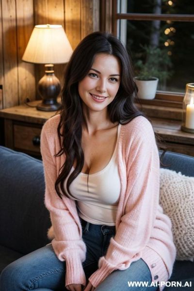 1 english woman, soft skin, natural d-cup breasts, long dark wavy hair, rouded features, smiling, wearing a pink cardigan and white t-shirt with tight blue jeans, in an alpine cottage, wholesome, - ai-porn.ai - Britain on pornintellect.com