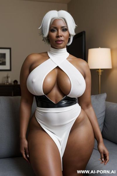 Gorgeous ebony milf, no clothes, lying down on the sofa, (( white hair )), wearing storm xmen cosplay - ai-porn.ai on pornintellect.com