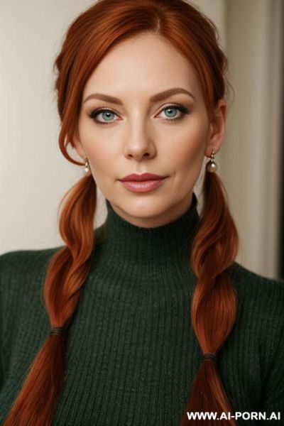 Gorgeous mature face, narrow waist, round hips, long hair, full make up, necklace, earings, jumper top, virgin sweater,, fullshot camera - ai-porn.ai on pornintellect.com