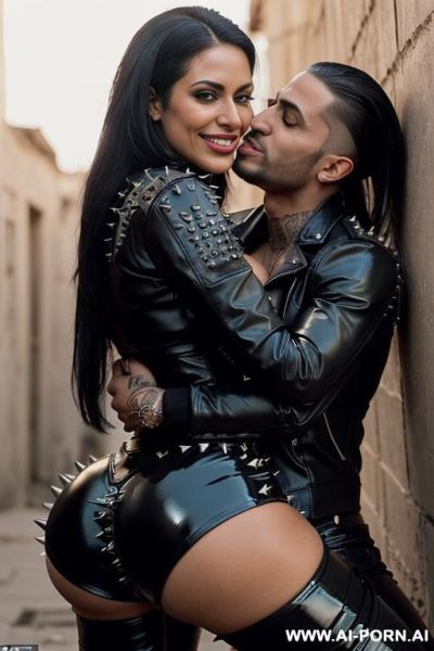 ((((arab rap milf hugging and kissing a muscular punk man on the lips)))) with ((((((gigantic tits)))))) and (((long hair))), (makeup) , (((tight spiked black latex jacket))) (((tight spiked black - ai-porn.ai on pornintellect.com