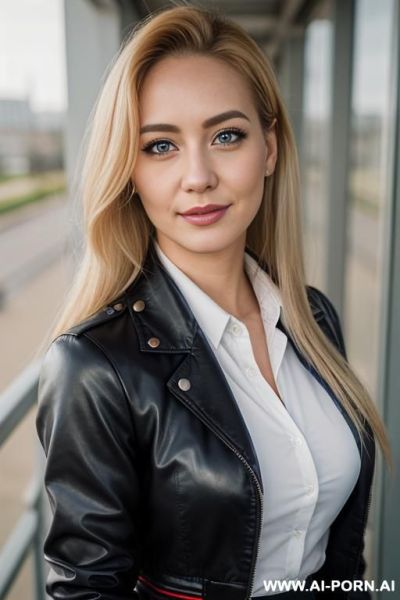 Red leather blazer, model - ai-porn.ai on pornintellect.com