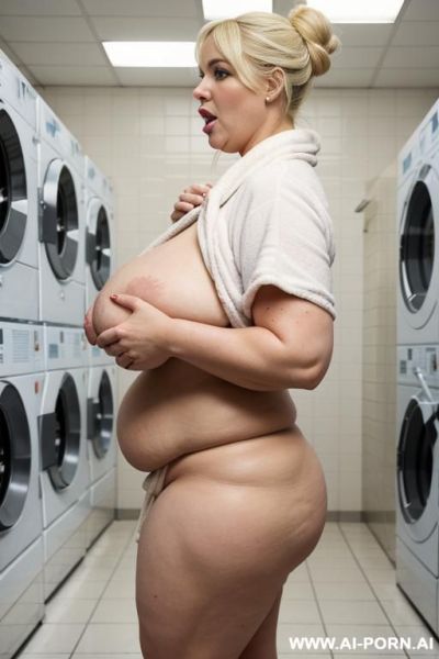 Ultra obese woman with very saggypendulous boobs, fat arms, huge ass, pendulous nipples, side view, looking at the ground, opening her bathrobe - ai-porn.ai on pornintellect.com