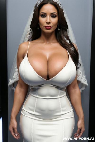 (((((extremely big boobs)))), (ultra deep tanned skin), ((fit))), (((((bride dress))))), (extremely beautiful make-up), red lip gloss, seductive, extremely slutty, very wicked, ((((ultra realistic)))), (((extremely long hair))), older woman. - ai-porn.ai on pornintellect.com