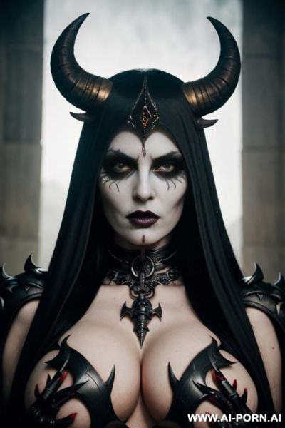 Goddess of darkness, full of accessories, evil seductive look, evil skull queen, demon skull goddess, extreme big horn red - ai-porn.ai on pornintellect.com
