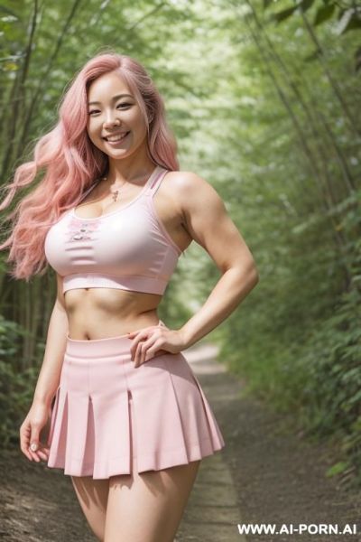 (japanese), (lean), (long hair), (thick thighs), (huge thighs), (wide hips), (pink skirt), (rose pink sports bra), (smiling), (gravelled nature trail), (midriff) - ai-porn.ai - Japan on pornintellect.com