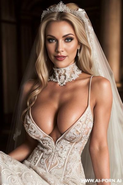 Scylla cohne milf, blonde hair, (hard seductive smile), open front wending rock dress, hud3 show tits, show pussy, goth woman in red goth outfit. (((gigantic muscular pecs))) sexy blue eyes. - ai-porn.ai on pornintellect.com