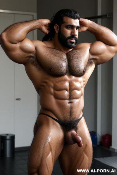Large muscled hairy arab man flexing shirtless covered in sweat - ai-porn.ai on pornintellect.com