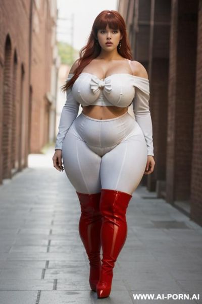 ((((a curvy plus size woman ))))with long hair , standing outdoors on a brick-paved path. she is looking over her shoulder at the camera, wearing a white off-the-shoulder crop top and - ai-porn.ai on pornintellect.com