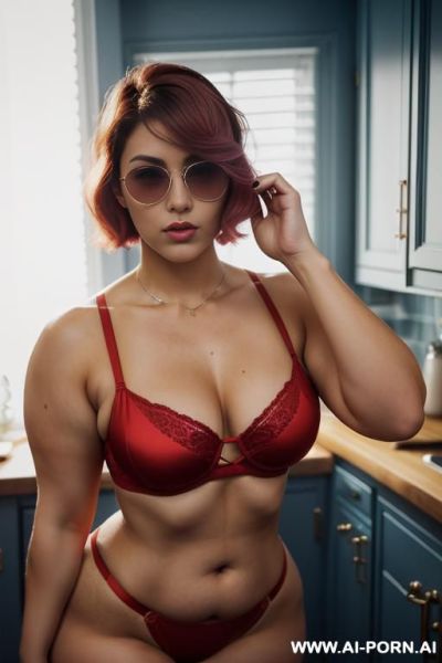 ((((a curvy plus size woman )))),(( full side view)). standing she is looking over her shoulder at the camera, wearing a shiny glossy micro slingshot bikini that accentuate her (((full hips and - ai-porn.ai on pornintellect.com