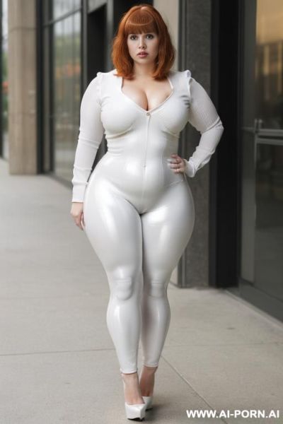Office slut , office slut leggins, narrow waist, ((wide hips)), big ass, (((round ass)), (((thick thighs))), ((muscular legs)), ((high platforms heels)), full body view, fully clothed ,((extremely white pallid skin)), ((ghastly white shiny skin)) - ai-porn.ai on pornintellect.com